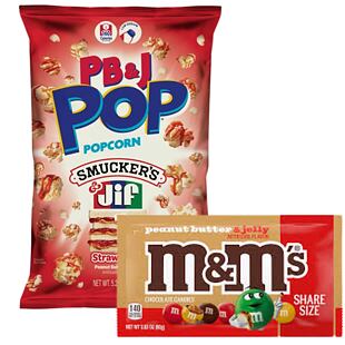 Candy Pop popkorn s příchutí arašíd. másla JIF a jahod.džemu + M&M's s příchutí araš. másla a džemu