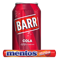 Barr sycený nápoj s příchutí koly 330 ml + Mentos žvýkací bonbonky s příchutí skořice 37,5 g