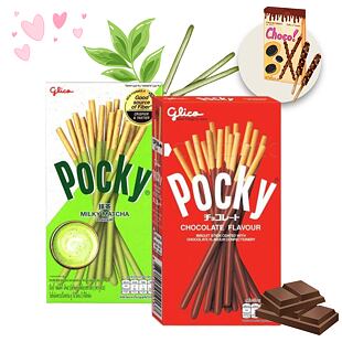 Pocky tyčinky s příchutí matcha čaje 33 g + Pocky tyčinky s příchutí čokolády 49 g