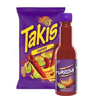 Takis Fuego chipsy s příchutí chilli a limetky 100 g + La Anita Furiosa Fuego pálivá omáčka 300 ml