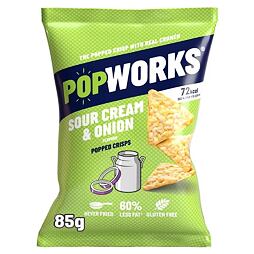 Popworks cream and onion corn chips 85 g