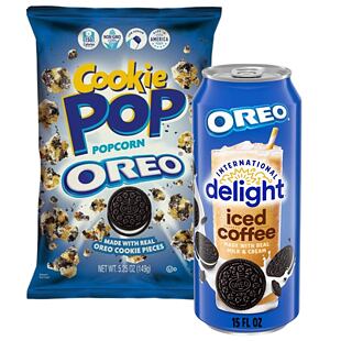 Candy Pop sladký popkorn s kousky sušenek Oreo + Oreo ledová káva s příchutí sušenek a krému