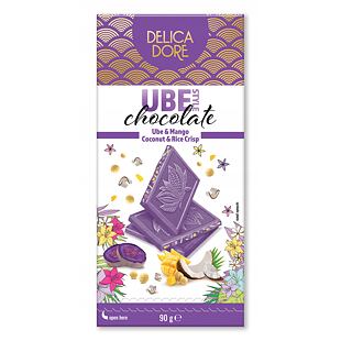 Delica Dore bílá čokoláda s příchutí ube s kousky manga, kokosu a pufovanou rýží 90 g