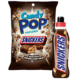 Candy Pop popkorn s kousky sušenky Snickers 149 g + Snickers mléčný nápoj s příchutí čokolády 350 ml