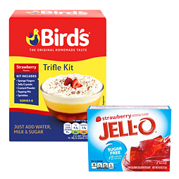 Bird's dezert trifle s jahodovou příchutí 141 g + Jell-O instantní želatina s příchutí jahody 17 g
