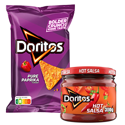 Doritos Pure Paprika kukuřičné chipsy s příchutí papriky 170 g + Doritos Hot Salsa Dip 300 g