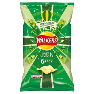 Walkers bramborové chipsy s příchutí soli a octa 6 x 25 g