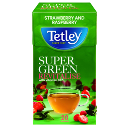 Tetley Super Revitalise zelený čaj s příchutí jahod a malin 20 ks 40 g