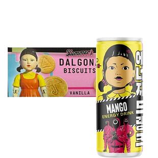 Squid Game Dalgona cookies with vanilla flavor 140 g + mango flavor energy drink 250 ml