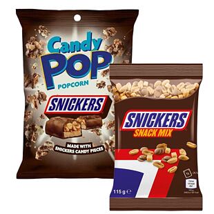 Candy Pop popkorn s kousky sušenky Snickers 149 g + Snickers mix pražených arašídů s karamelem 115 g