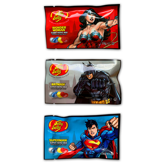 Jelly Belly žvýkací fazolky Batman, Superman nebo Wonder Woman 28 g