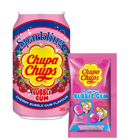 Chupa Chups limonáda s příchutí žvýkačky 345 ml + Chupa Chups žvýkačka s příchutí cukrové vaty 11 g