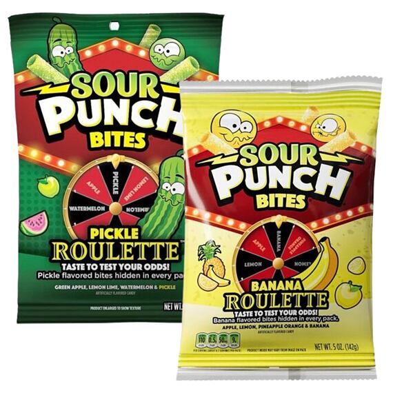 Sour Punch kyselé žvýkací pendreky s příchutí kyselé okurky + žvýkací pendreky s příchutí banánu