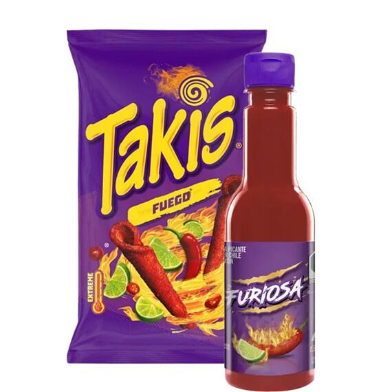 Takis Fuego chipsy s příchutí chilli a limetky 100 g + La Anita Furiosa Fuego pálivá omáčka 300 ml