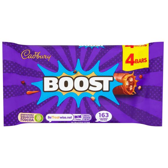 Cadbury Boost čokoládové tyčinky s příchutí karamelu s kousky sušenek 4 x 31,5 g