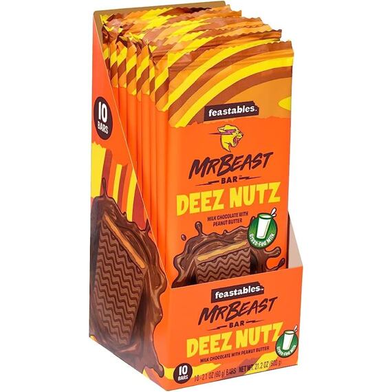 Feastables MrBeast Deez Nuts mléčná čokoláda s náplní z arašídového másla 60 g Celé Balení 10 ks