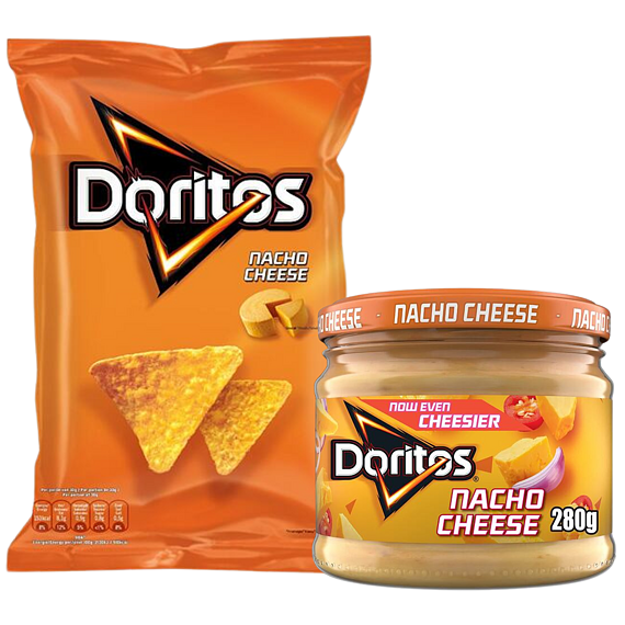 Doritos kukuřičné chipsy s příchutí sýru 170 g + Doritos dip s příchutí nacho sýru 280 g