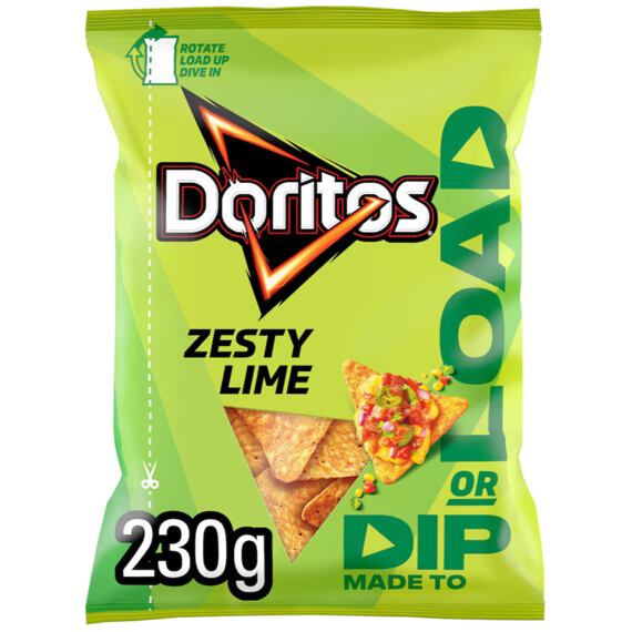 Balení kukuřičných tortillových chipsů Doritos s příchutí osvěžující limetky, obsah 230 gramů, doporučení k podávání s dipem.