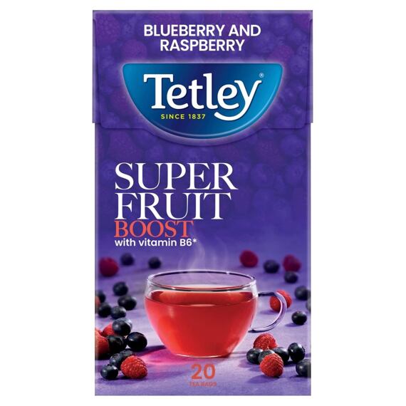 Tetley Super Boost ovocný čaj s příchutí borůvek a malin 20 ks 40 g