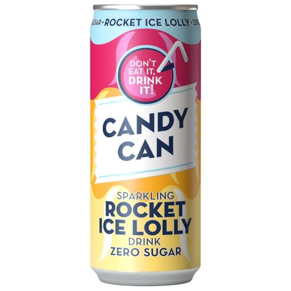 Candy Can Rocket Ice Lolly sycená limonáda bez cukru s příchutí pomeranče, malin a ananasu 330 ml