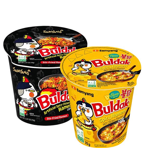 Samyang Buldak těstoviny s kuřecí a sýrovou příchutí + instantní pálivé těstoviny s kuřecí příchutí