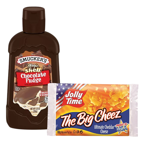Smuckers topping with chocolate flavor 206 g + Jolly Time The Big Cheez popcorn with cheese flavor 1