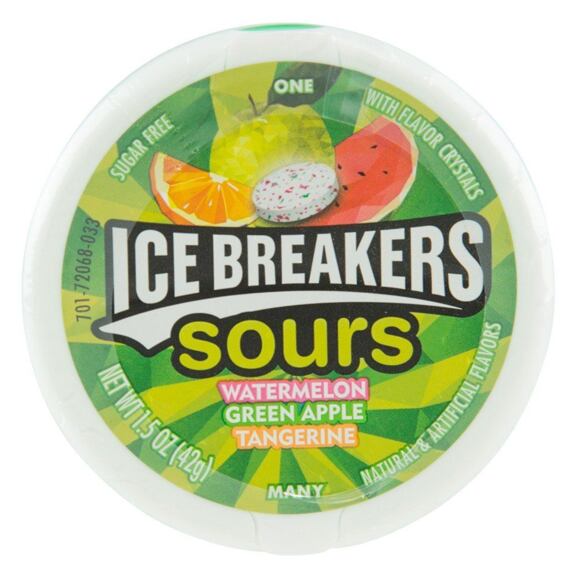 Ice Breakers kyselé bonbonky bez cukru s příchutí melounu, jablka a mandarinky 42 g