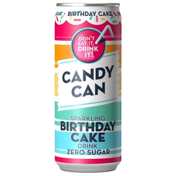 Candy Can Birthday Cake sycená limonáda bez cukru s příchutí jahody a vanilky 330 ml