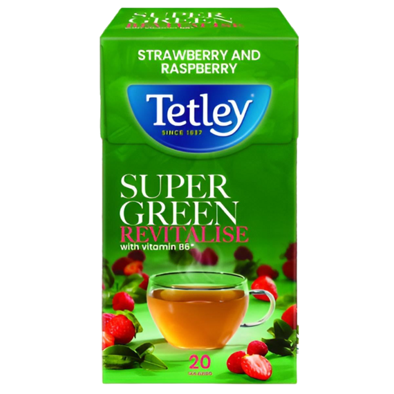 Tetley Super Revitalise zelený čaj s příchutí jahod a malin 20 ks 40 g