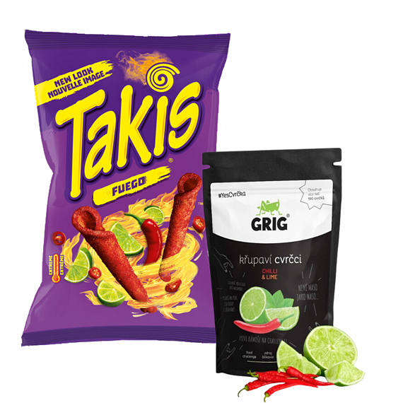 Takis Fuego chips with lime and chili flavor 90 g + Grig crickets with chili and lime flavor 20 g
