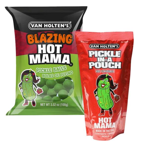 Hot Mama kyselé bonbony s pálivou náplní 100 g + Hot Mama velká kyselá okurka v pálivém nálevu 306 g
