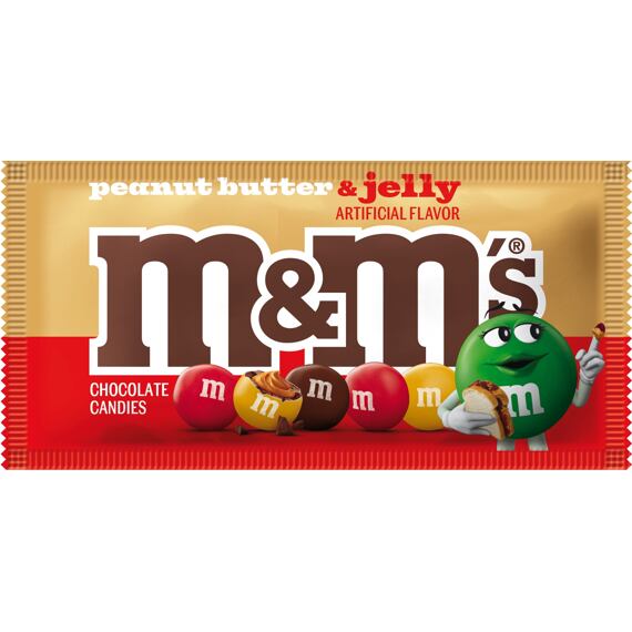Balení čokoládových lentilek M&M's s příchutí arašídového másla a želé, na obalu postavička zelené lentilky držící sendvič s arašídovým máslem a želé. Hmotnost 40 g