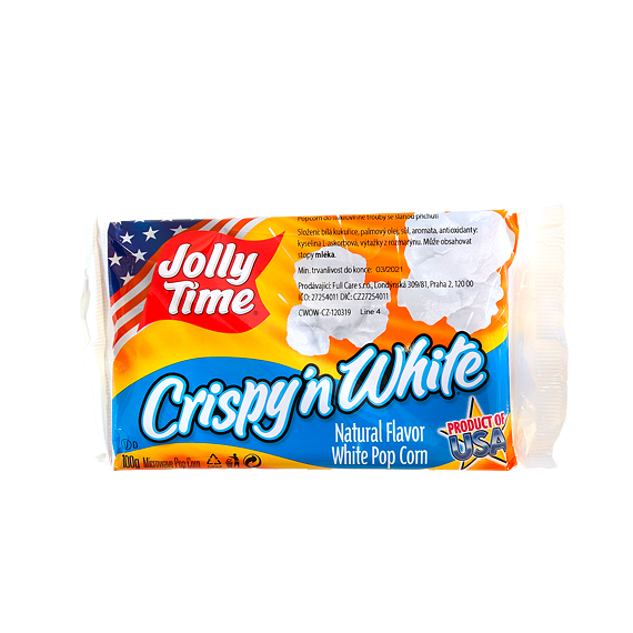 Jolly Time Crispy'n White slaný popkorn 100 g Celé Balení 18 ks